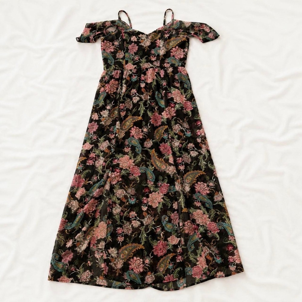Xhilaration Black Floral Paisley Maxi Dress Cottagecore Cold Shoulder Large